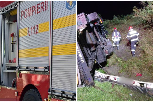 Accident pe Autostrada Transilvania TIR rasturnat interventie pompierilor