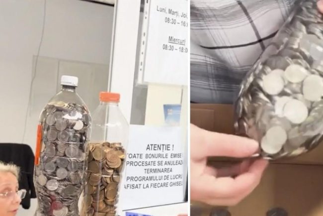 Un barbat din Craiova s a prezentat sa isi plateasca impozitele cu 3 kg de monede transportate in sticle de plastic