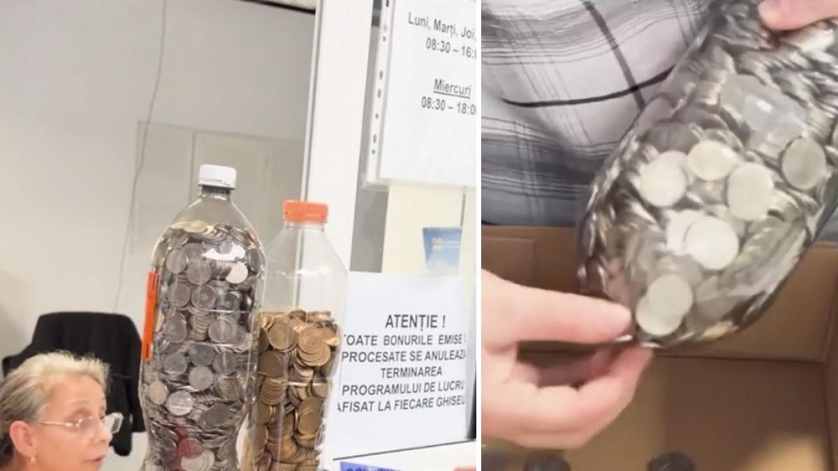 Un barbat din Craiova s a prezentat sa isi plateasca impozitele cu 3 kg de monede transportate in sticle de plastic