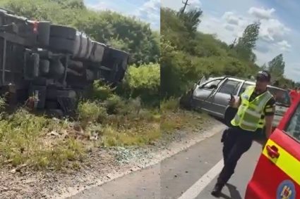 Accident in Timis Un autotren s a rasturnat pe drum iar un barbat a murit