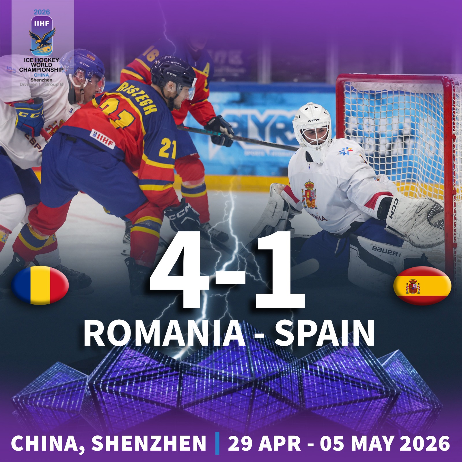 Romania invinge clar Spania la Campionatul Mondial de hochei pe gheata Divizia I B si continua lupta pentru revenirea in liga secunda valorica