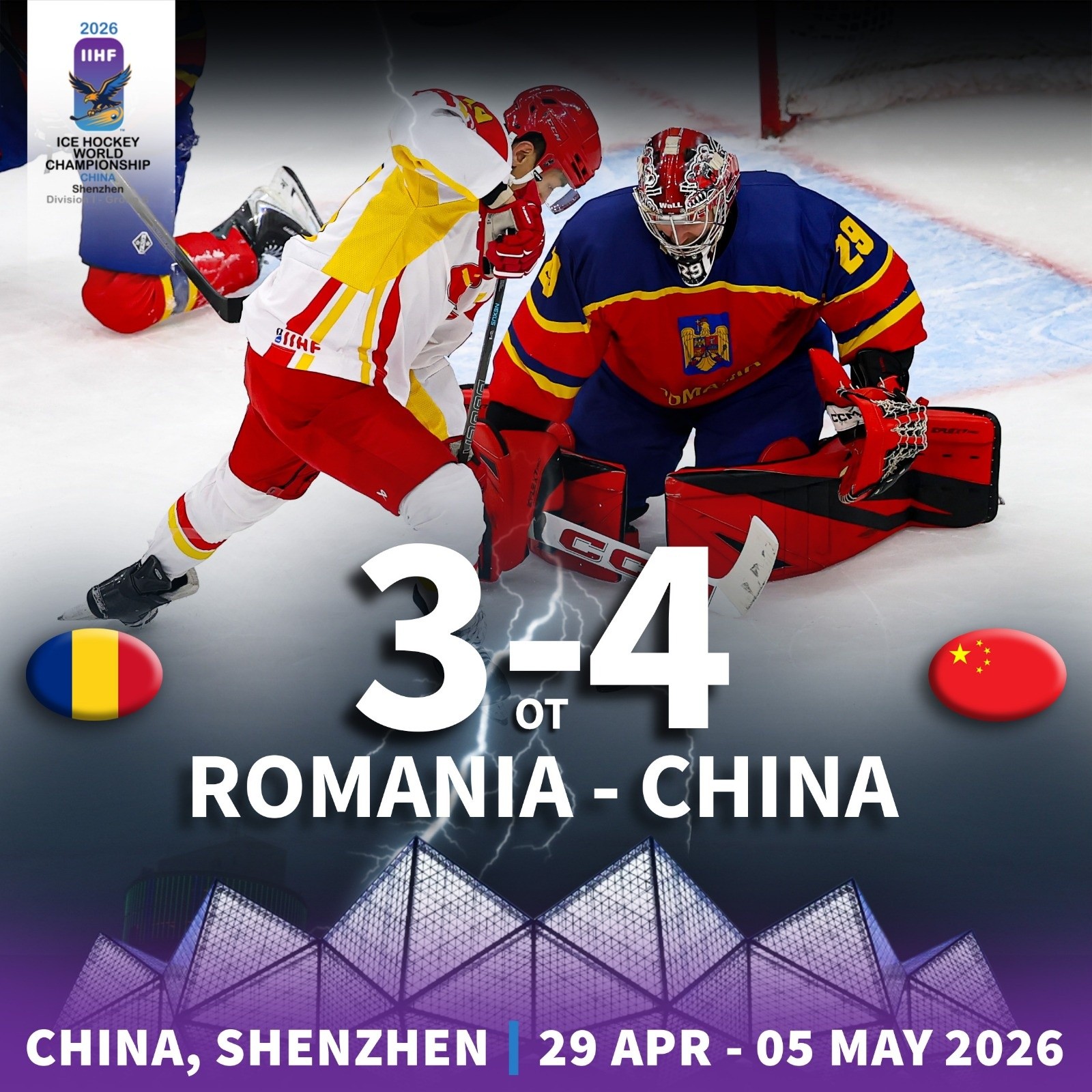 Romania sufera o infrangere dupa prelungiri impotriva Chinei la Campionatul Mondial de hochei pe gheata I B