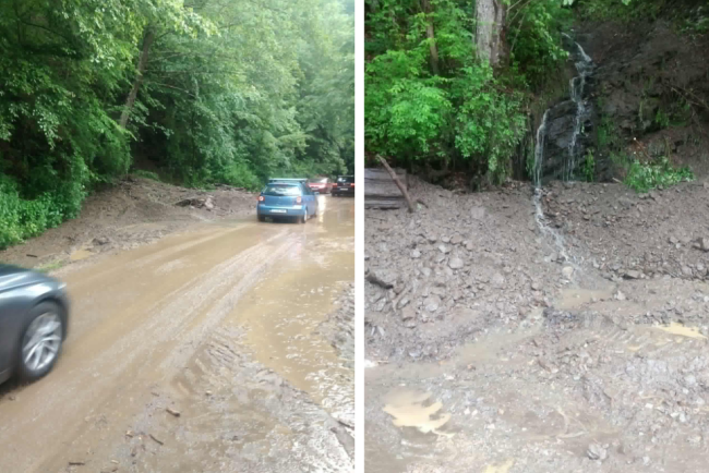 interventie de urgenta pe un drum din cluj dupa furtuni aluviunile si pietrele au blocat drumul echipele cj cluj au curatat soseaua cu buldoexcavatorul