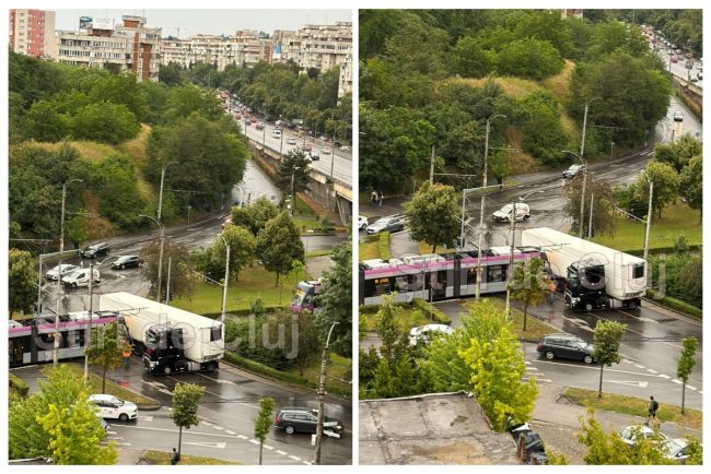 VIDEO Accident la Podul Calvaria din Cluj Napoca Un tramvai a izbit un TIR Traficul este perturbat evitati zona