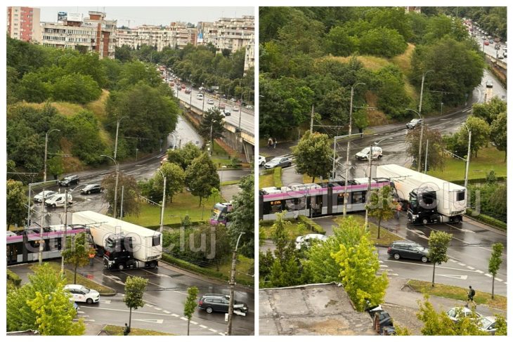 VIDEO Accident la Podul Calvaria din Cluj Napoca Un tramvai a izbit un TIR Traficul este perturbat evitati zona
