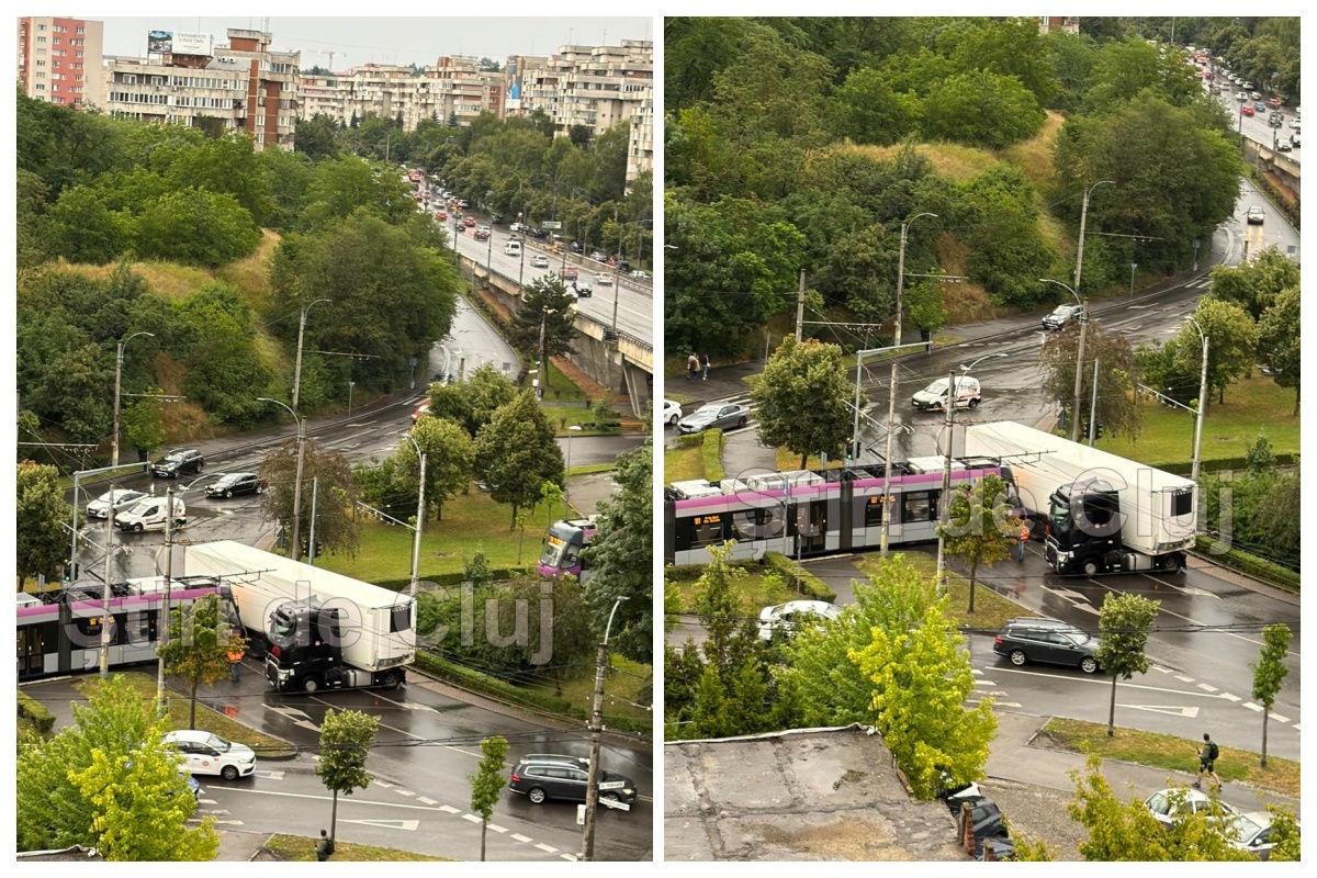 VIDEO Accident la Podul Calvaria din Cluj Napoca Un tramvai a izbit un TIR Traficul este perturbat evitati zona