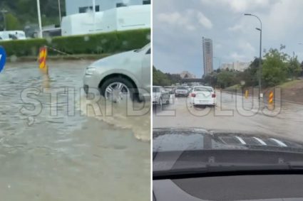 VIDEO. O ploaie de 10 minute a transformat intrarea în Cluj într-un „lac”. Șoferii au navigat cu mașinile ca pe apă.