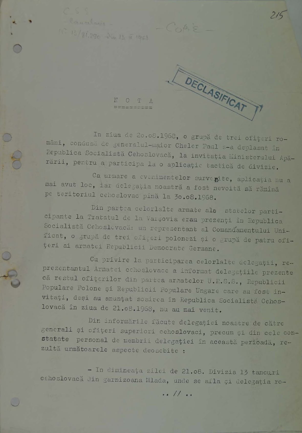 Document al Securitatii din 1968 publicat de CNSAS Cum a trait o delegatie militara romana momentul invaziei Cehoslovaciei