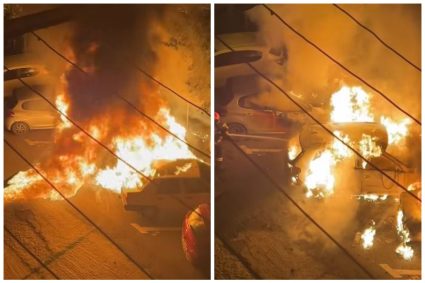 VIDEO Imagini șocante: Patru mașini au ars noaptea trecută în parcarea unui bloc din Oradea, iar „flăcările ajungeau până la etajul 1.”