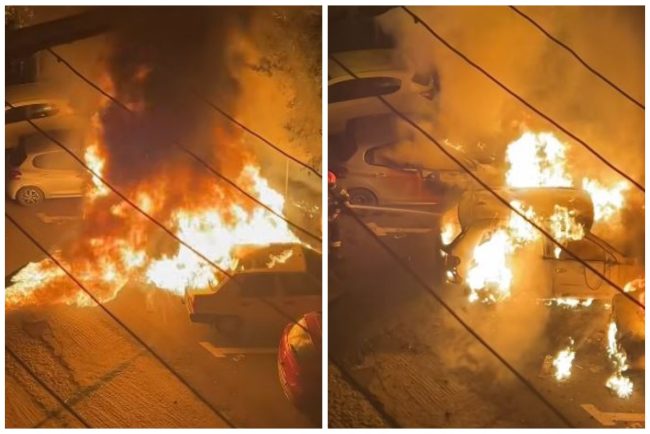 VIDEO Imagini socante Patru masini au ars noaptea trecuta in parcarea unui bloc din Oradea iar flacarile ajungeau pana la etajul 1